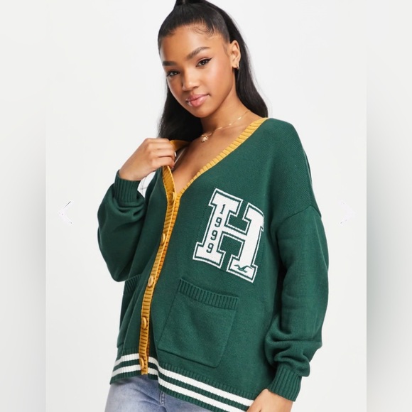 Hollister Varsity Letterman Cardigan Oversized Green with Gold trim Y2K Size L - Picture 1 of 11